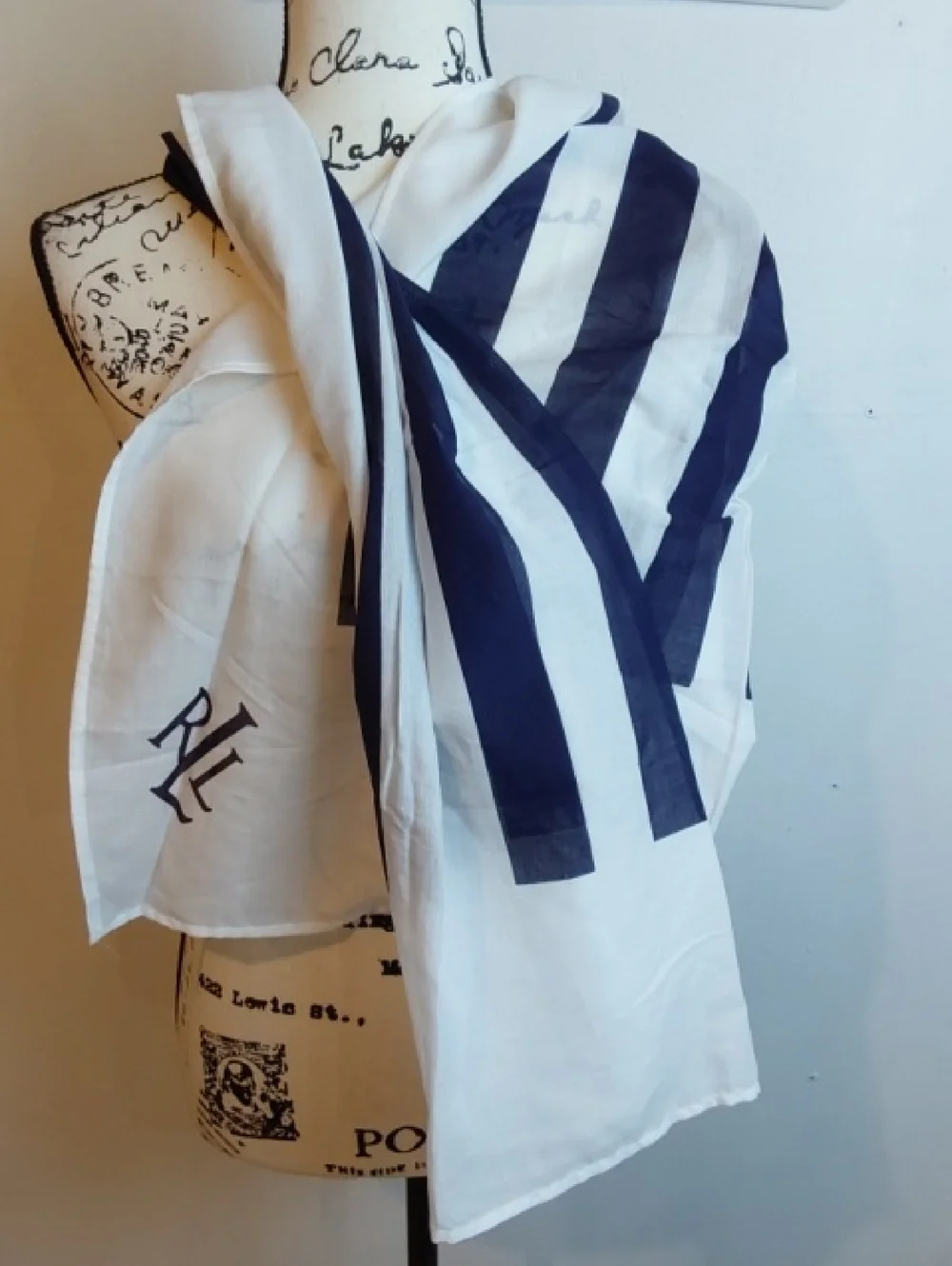 Lauren Ralph Lauren |Navy & White Vertical Stripe Coastal Monogram Cotton Scarf